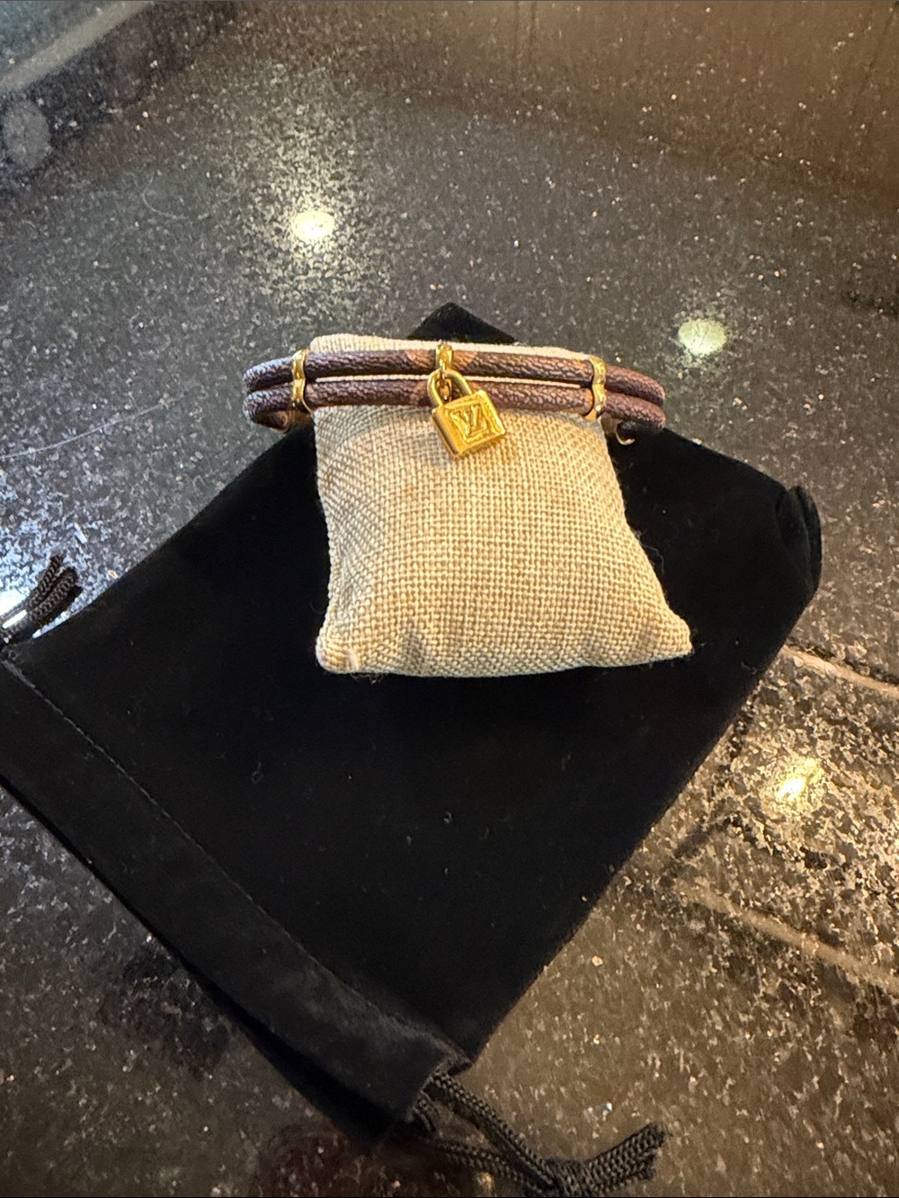 Louis Vuitton Inspired Brown Leather Cord Bracelet with Gold Charm COPY